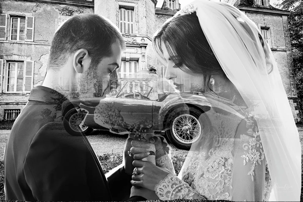 Montage photo avec voiture ancienne et mariage