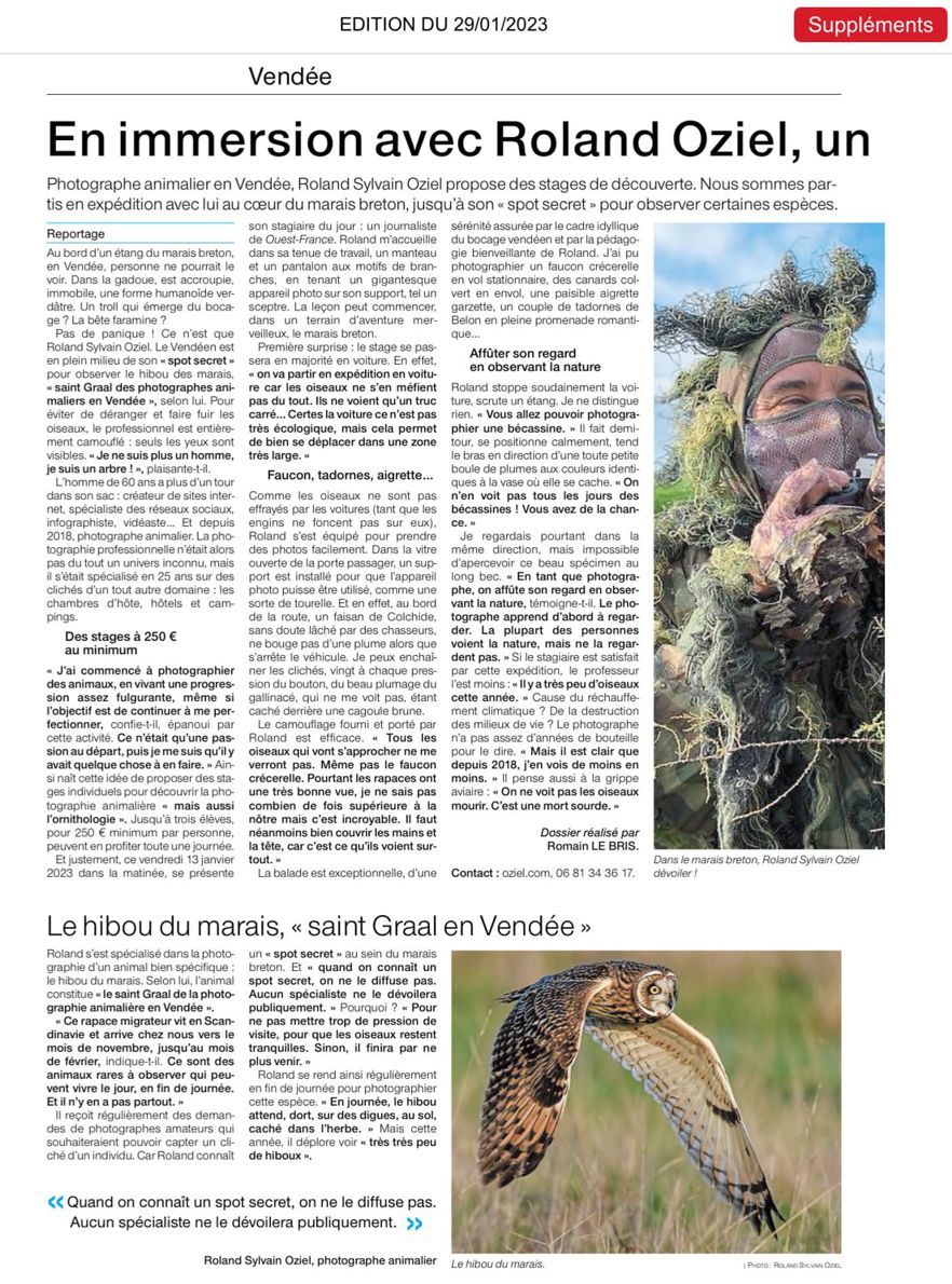 Roland Oziel photographe animaliier en Vendée article Ouest France